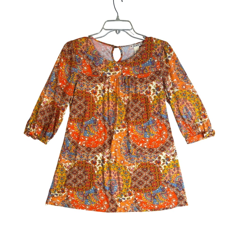 Vintage Boho Paisley Tunic Top Womens L Orange Retro Patchwork Hippie Festival
